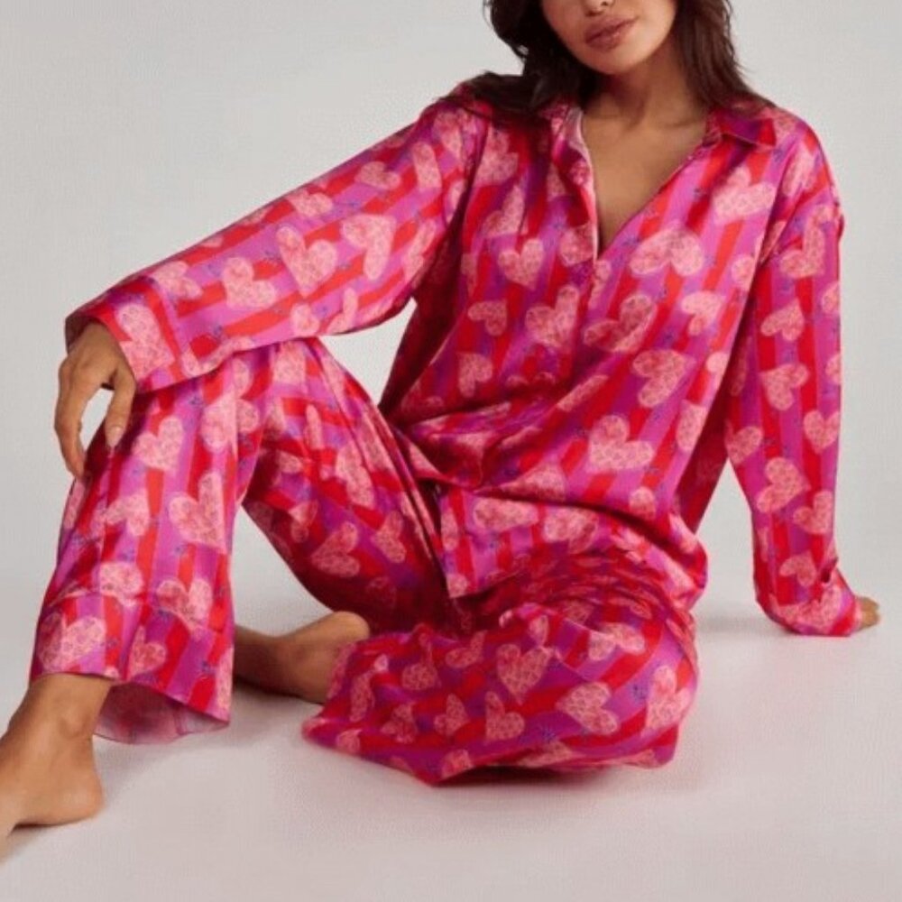 Nasty Gal Stripe Heart Oversized Shirt Pajama Pants Set - Picture 3 of 3